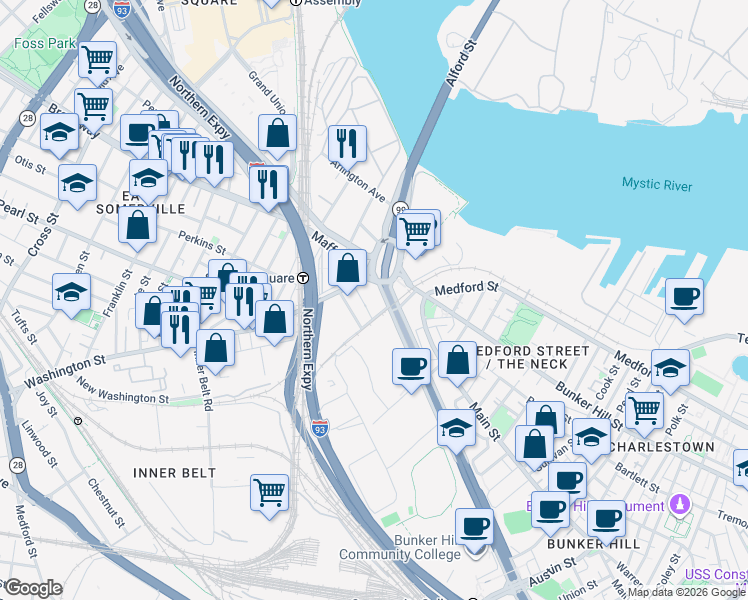 map of restaurants, bars, coffee shops, grocery stores, and more near 34 Cambridge Street in Boston