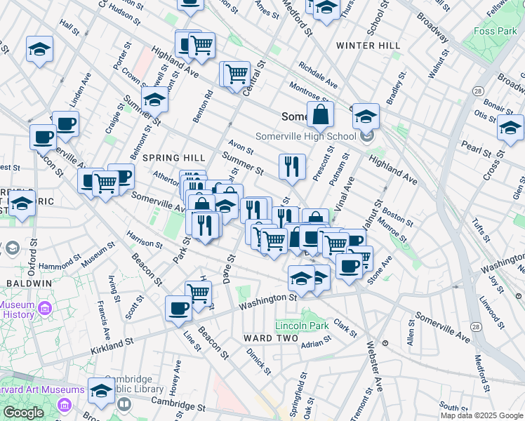 map of restaurants, bars, coffee shops, grocery stores, and more near 4 Osgood Street in Somerville