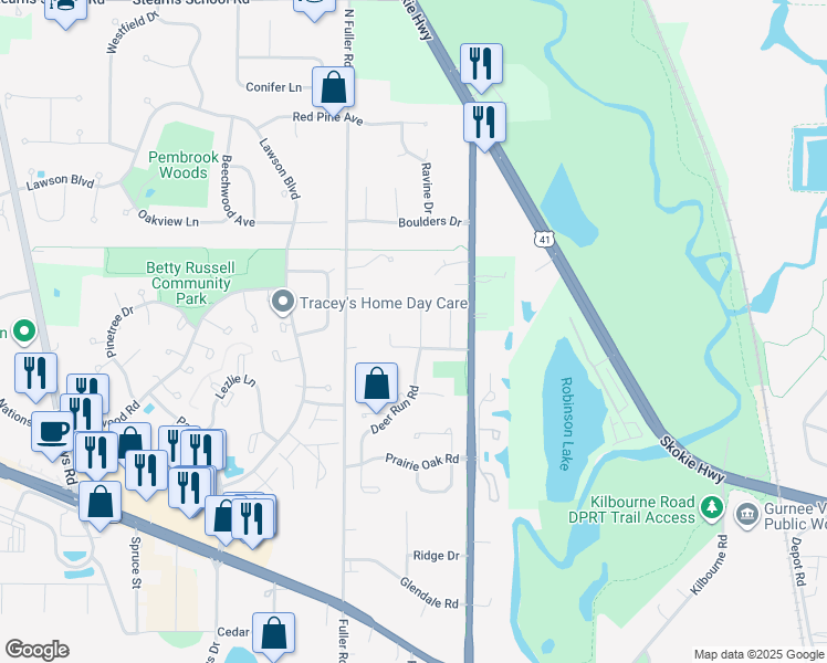 map of restaurants, bars, coffee shops, grocery stores, and more near 1680 Deer Run Road in Gurnee