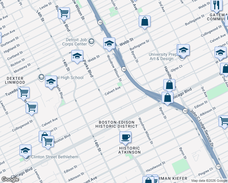 map of restaurants, bars, coffee shops, grocery stores, and more near 1689 Collingwood Street in Detroit