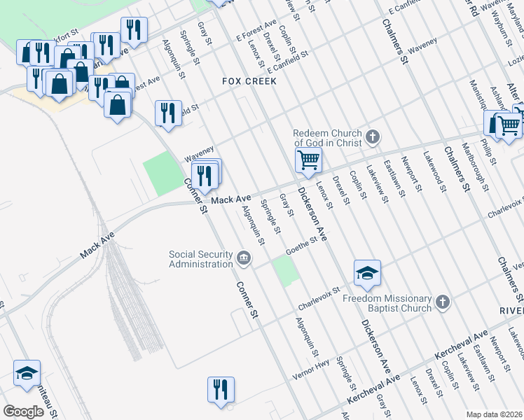 map of restaurants, bars, coffee shops, grocery stores, and more near 12820 Mack Avenue in Detroit