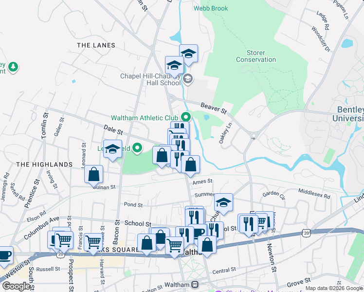map of restaurants, bars, coffee shops, grocery stores, and more near 205 Lexington Street in Waltham