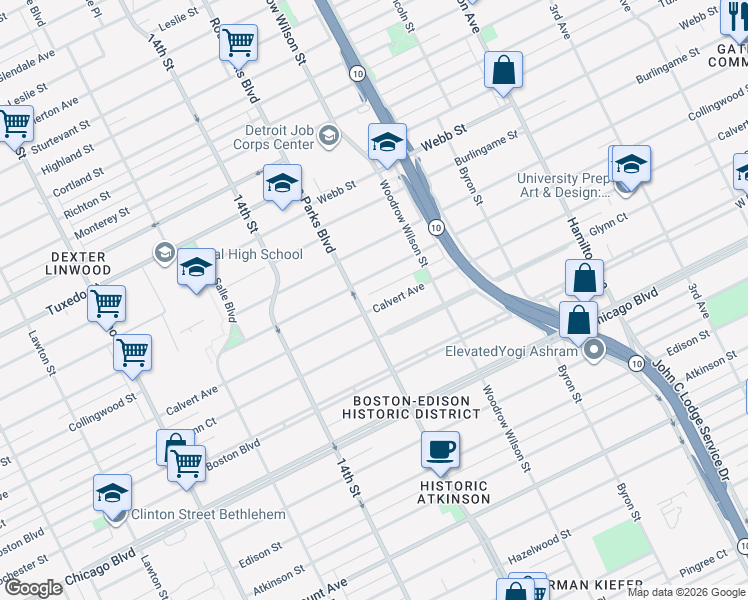 map of restaurants, bars, coffee shops, grocery stores, and more near 1689 Collingwood Street in Detroit