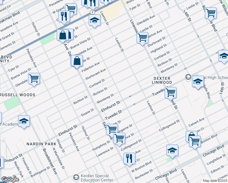 map of restaurants, bars, coffee shops, grocery stores, and more near 3224 Monterey Street in Detroit