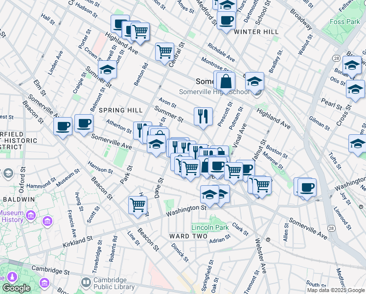 map of restaurants, bars, coffee shops, grocery stores, and more near 2 Osgood Street in Somerville