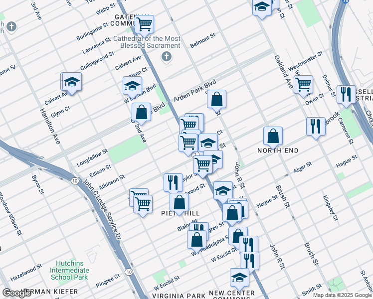 map of restaurants, bars, coffee shops, grocery stores, and more near 9320 Woodward Avenue in Detroit