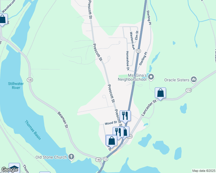 map of restaurants, bars, coffee shops, grocery stores, and more near 93 Prescott Street in West Boylston