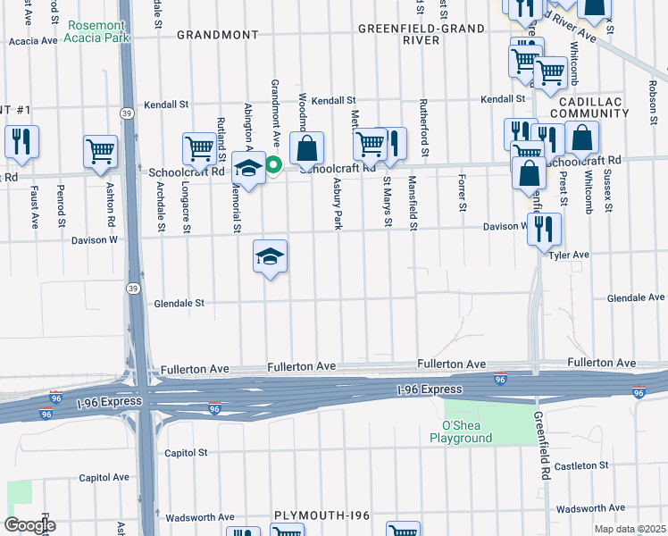 map of restaurants, bars, coffee shops, grocery stores, and more near 12923 Asbury Park in Detroit