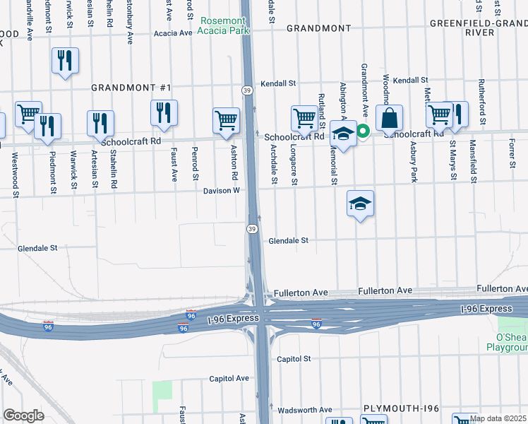 map of restaurants, bars, coffee shops, grocery stores, and more near 12934 Southfield Road in Detroit