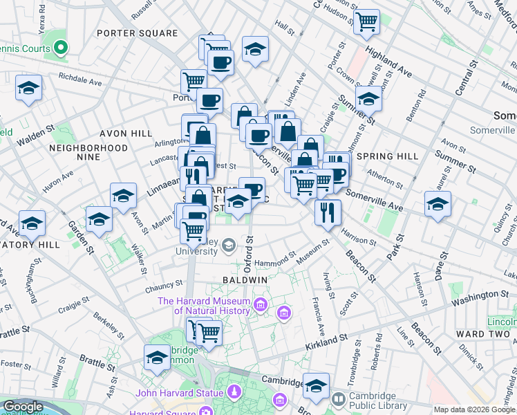 map of restaurants, bars, coffee shops, grocery stores, and more near 14 Traymore Street in Cambridge