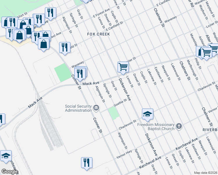 map of restaurants, bars, coffee shops, grocery stores, and more near 12820 Mack Avenue in Detroit