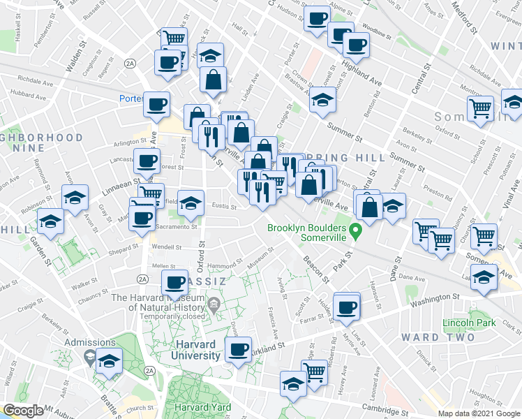 map of restaurants, bars, coffee shops, grocery stores, and more near Beacon St & Sacramento St in Somerville