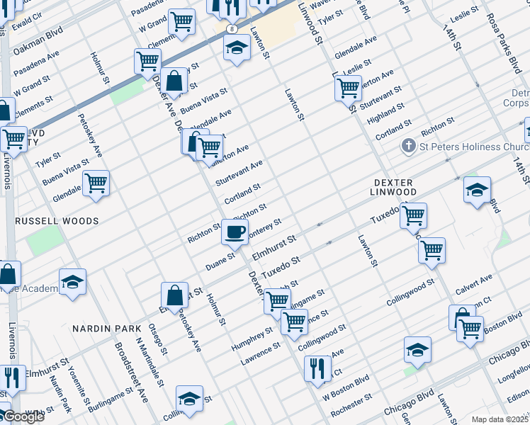 map of restaurants, bars, coffee shops, grocery stores, and more near 3273 Richton Street in Detroit