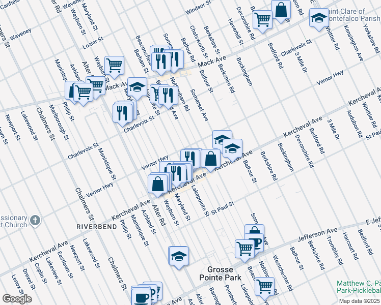 map of restaurants, bars, coffee shops, grocery stores, and more near 1300 Beaconsfield Avenue in Grosse Pointe Park