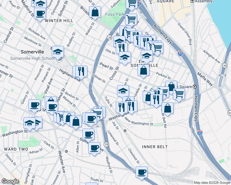 map of restaurants, bars, coffee shops, grocery stores, and more near 47 Oliver Street in Somerville