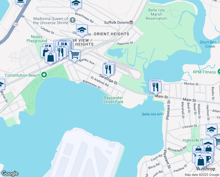 map of restaurants, bars, coffee shops, grocery stores, and more near 1144 Saratoga Street in Boston