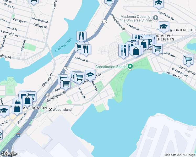 map of restaurants, bars, coffee shops, grocery stores, and more near 669 Massachusetts 145 in Boston