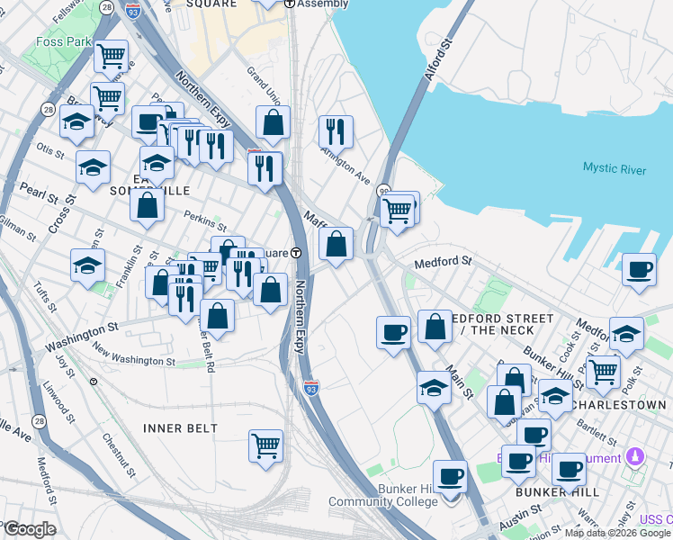 map of restaurants, bars, coffee shops, grocery stores, and more near 4 Maffa Way in Boston