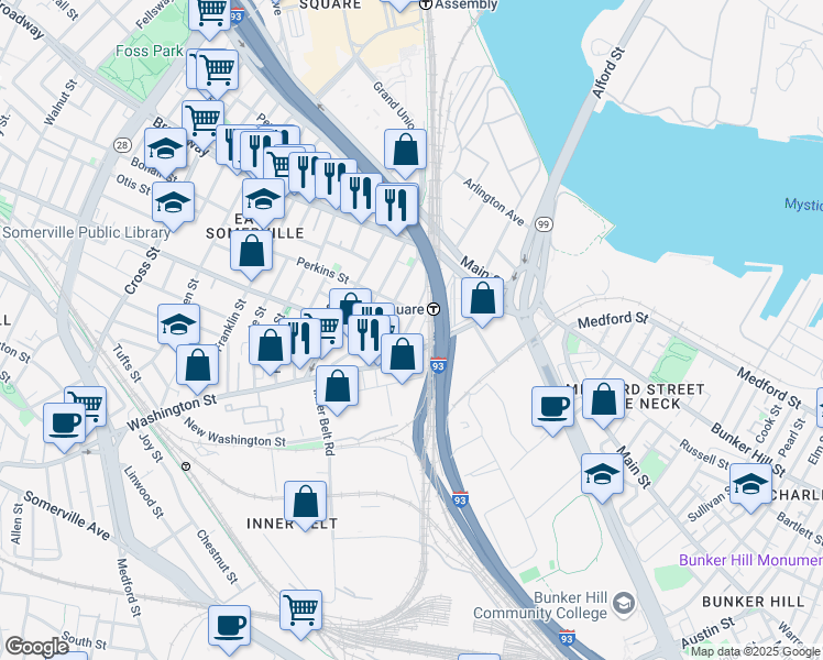 map of restaurants, bars, coffee shops, grocery stores, and more near 35a Brighton Street in Boston