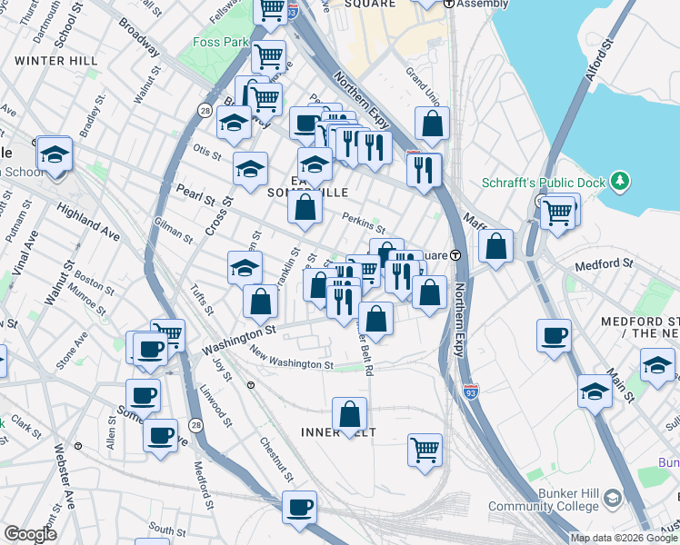 map of restaurants, bars, coffee shops, grocery stores, and more near in Somerville