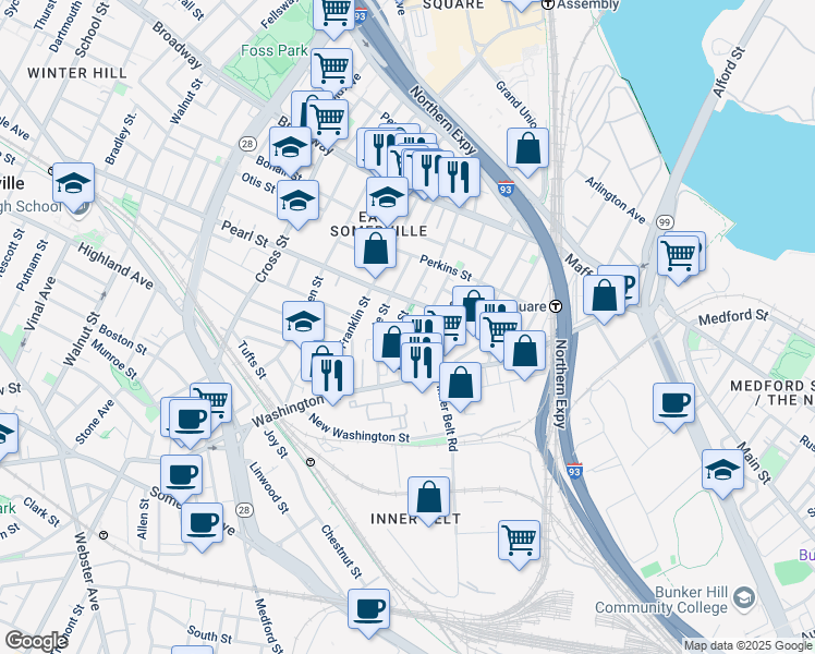 map of restaurants, bars, coffee shops, grocery stores, and more near 65 Myrtle Street in Somerville