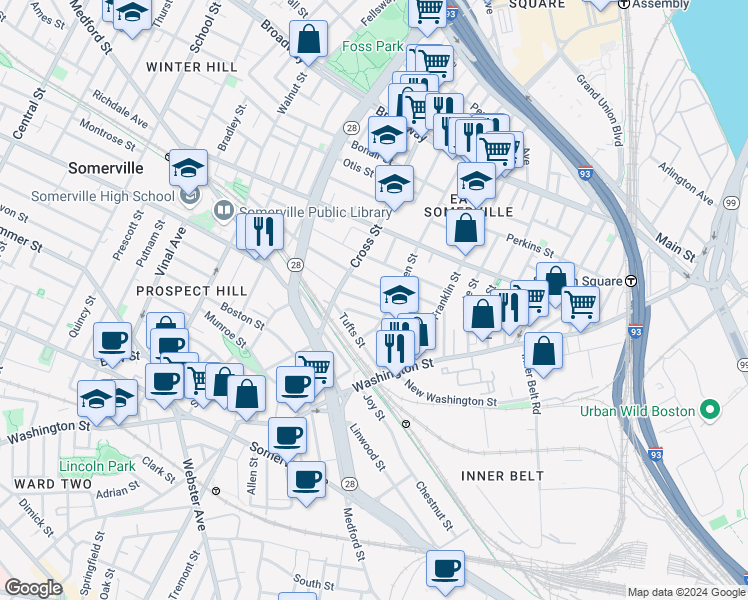 map of restaurants, bars, coffee shops, grocery stores, and more near 47 Oliver Street in Somerville