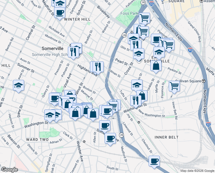 map of restaurants, bars, coffee shops, grocery stores, and more near 20R Auburn Avenue in Somerville