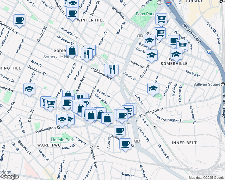 map of restaurants, bars, coffee shops, grocery stores, and more near 6 Hamlet Street in Somerville