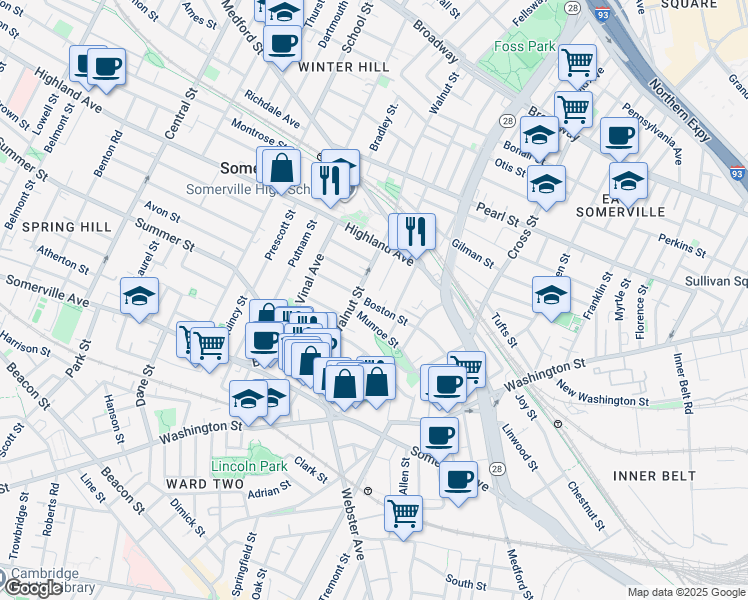 map of restaurants, bars, coffee shops, grocery stores, and more near 22 Thorpe Street in Somerville