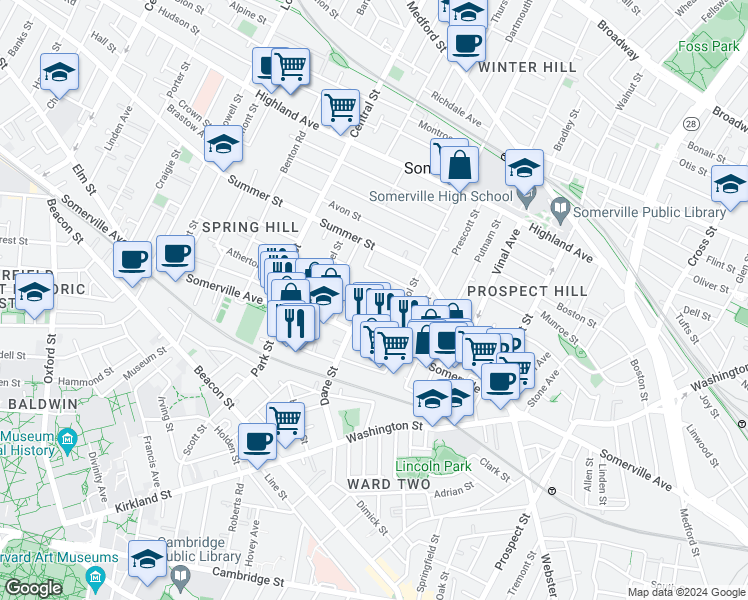 map of restaurants, bars, coffee shops, grocery stores, and more near 27 Osgood Street in Somerville