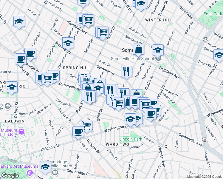 map of restaurants, bars, coffee shops, grocery stores, and more near 27 Osgood Street in Somerville