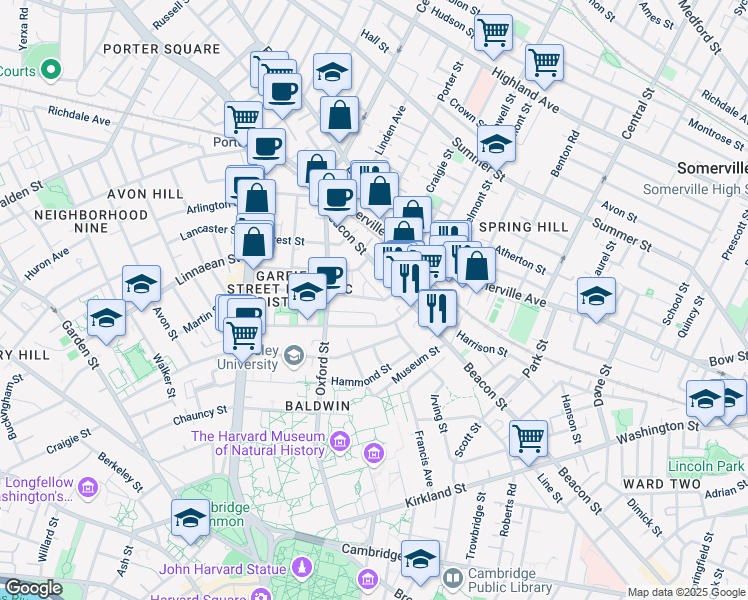map of restaurants, bars, coffee shops, grocery stores, and more near in Somerville