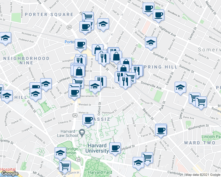 map of restaurants, bars, coffee shops, grocery stores, and more near 14 Traymore Street in Cambridge