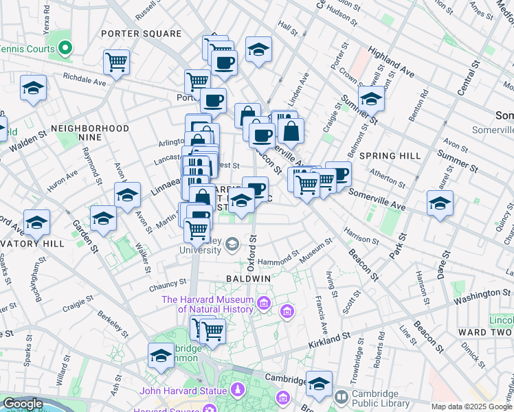 map of restaurants, bars, coffee shops, grocery stores, and more near 119 Oxford Street in Cambridge