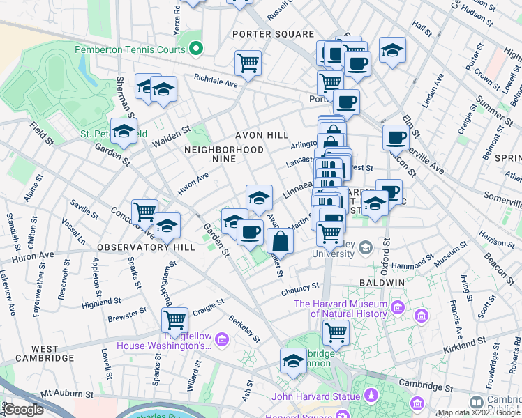 map of restaurants, bars, coffee shops, grocery stores, and more near 14 Avon Place in Cambridge