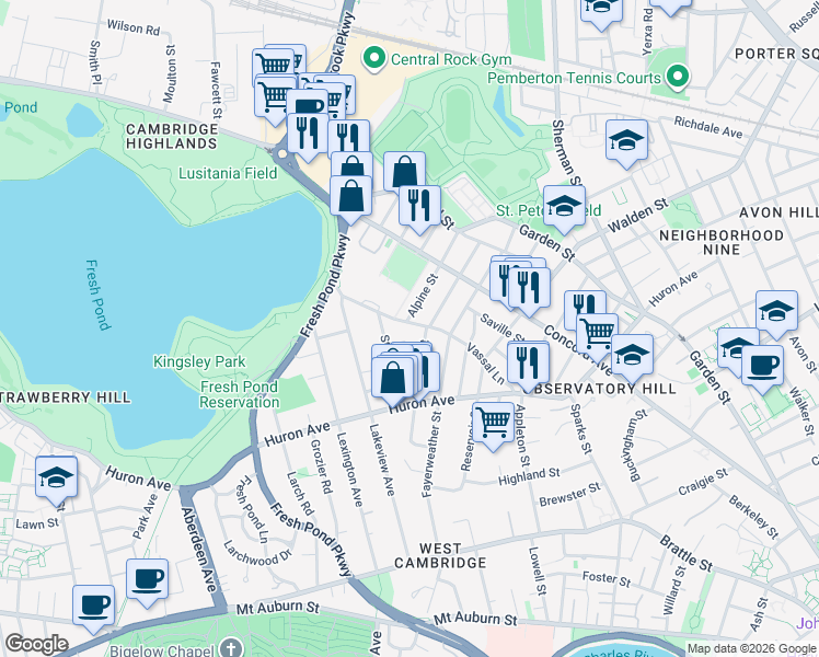 map of restaurants, bars, coffee shops, grocery stores, and more near 151 Vassal Lane in Cambridge
