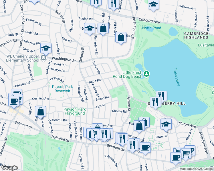 map of restaurants, bars, coffee shops, grocery stores, and more near 46 Betts Road in Belmont