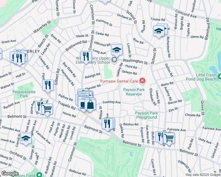 map of restaurants, bars, coffee shops, grocery stores, and more near 62 Chester Road in Belmont