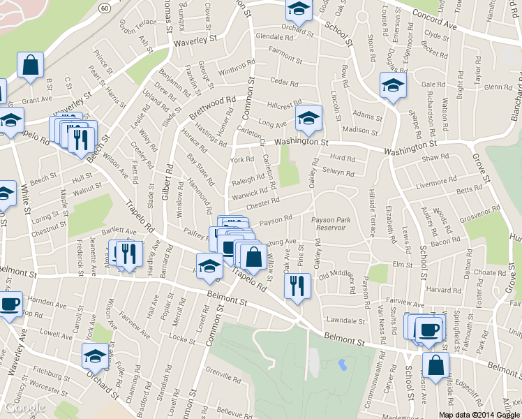 map of restaurants, bars, coffee shops, grocery stores, and more near 45 Warwick Road in Belmont
