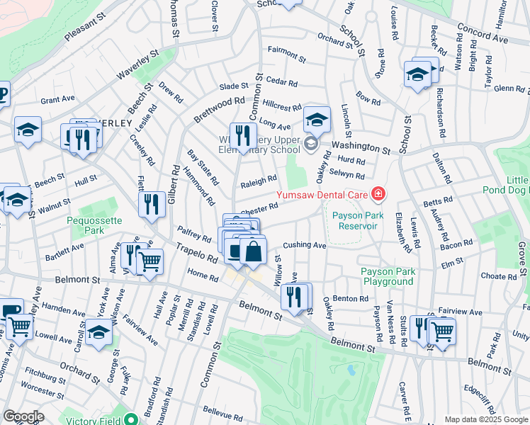 map of restaurants, bars, coffee shops, grocery stores, and more near 45 Warwick Road in Belmont