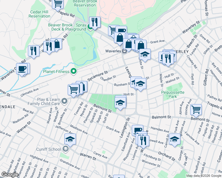 map of restaurants, bars, coffee shops, grocery stores, and more near 73 Burnham Street in Watertown