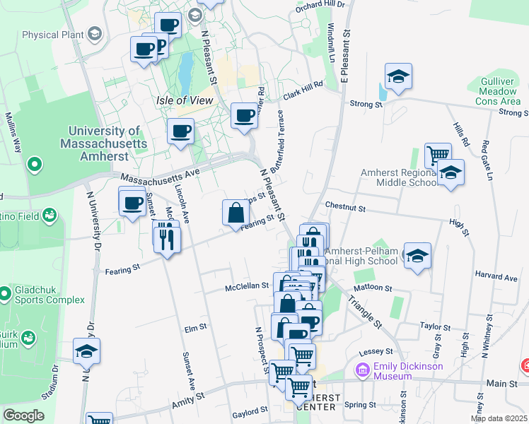 map of restaurants, bars, coffee shops, grocery stores, and more near 388 North Pleasant Street in Amherst