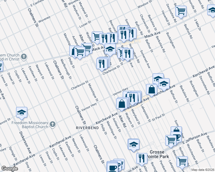map of restaurants, bars, coffee shops, grocery stores, and more near 2641 Alter Road in Detroit