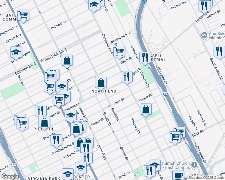 map of restaurants, bars, coffee shops, grocery stores, and more near 605 Holbrook Avenue in Detroit
