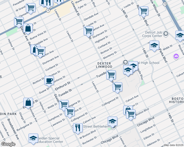 map of restaurants, bars, coffee shops, grocery stores, and more near 2704 Elmhurst Street in Detroit