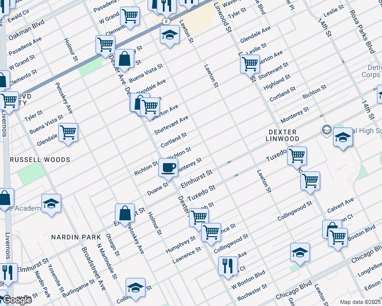 map of restaurants, bars, coffee shops, grocery stores, and more near 3258 Richton Street in Detroit