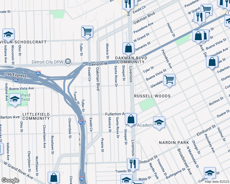 map of restaurants, bars, coffee shops, grocery stores, and more near 12795 Santa Rosa Drive in Detroit