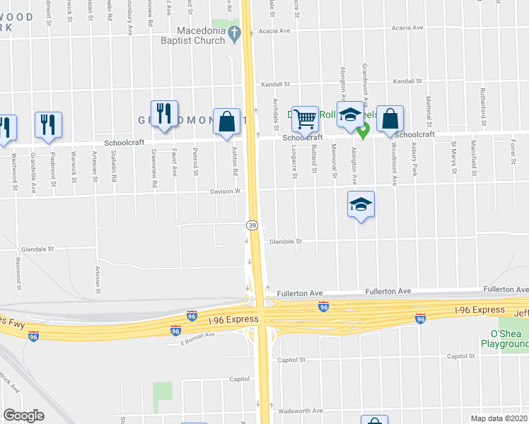 map of restaurants, bars, coffee shops, grocery stores, and more near 12934 Southfield Road in Detroit