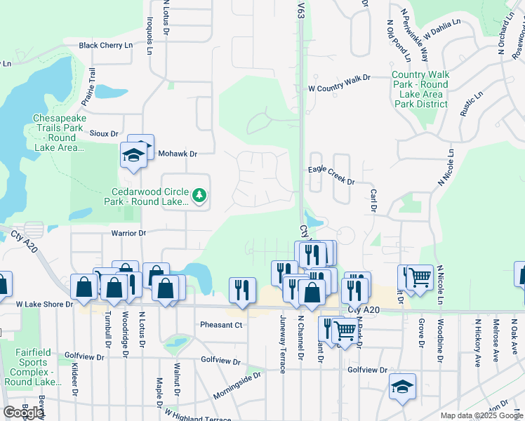 map of restaurants, bars, coffee shops, grocery stores, and more near 512 Meadow Hill Lane in Round Lake Beach