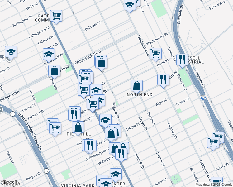 map of restaurants, bars, coffee shops, grocery stores, and more near 209 Josephine Street in Detroit